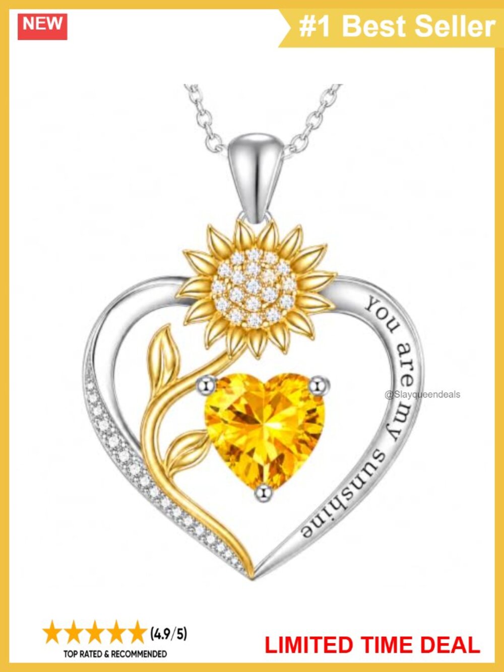 Sterling Silver Sunflower Heart Necklace Citrine Pendant